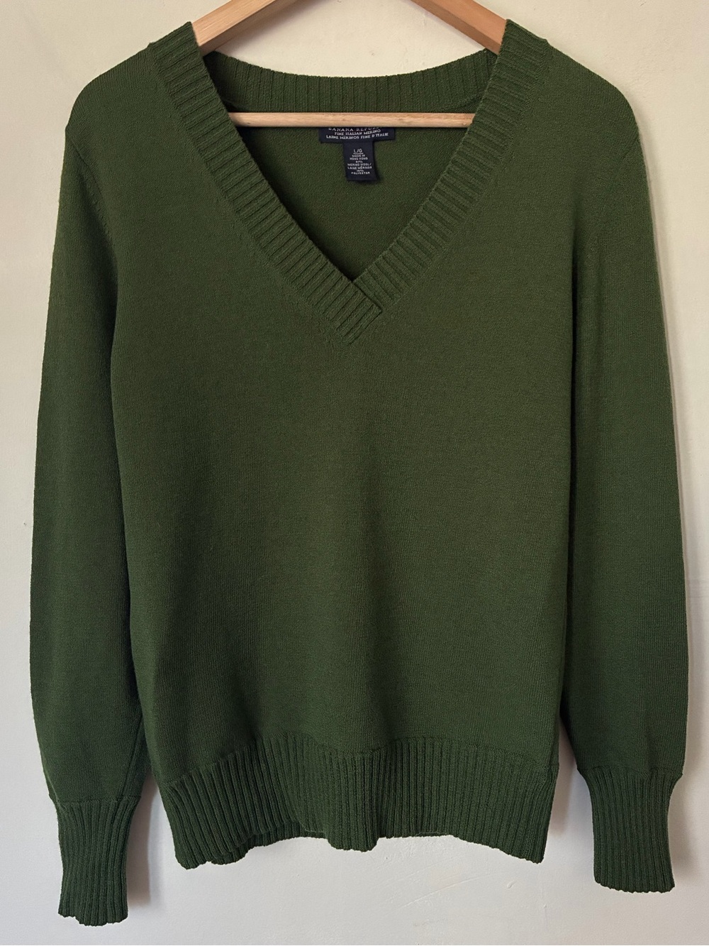 Banana Republic Merino Wool V-Neck Sweater Olive Green Womens Large Minimalist